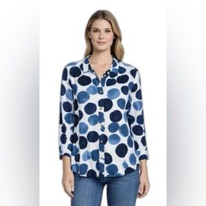 Ali Miles Linen Blend Button Down Top Size L Blue Geometric Print